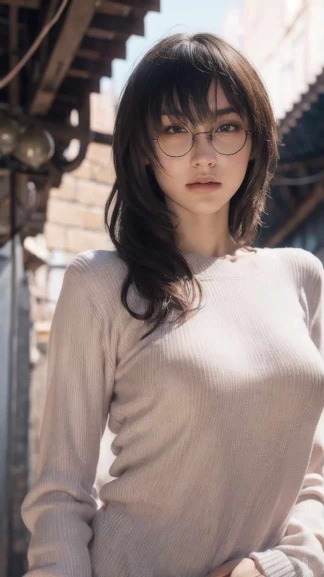 Highest quality, White skin, Real human skin, (Detailed fac), Oval Face, pores, Ultra-high resolution, (8k, RAW Photos, Realistic:1.4), One person, slim, (She gazes upon the viewer with a calm, goddess-like happiness.:1.2), ( Lip gloss, eyelash, Shiny surface, Highest quality, Ultra-high resolution, Wide lighting, Natural Shading), Oversized jackets, Fashion Shirts,  Cityscape　,((Glasses))、Upper body naked、Nipples、Full Body Shot、City of night