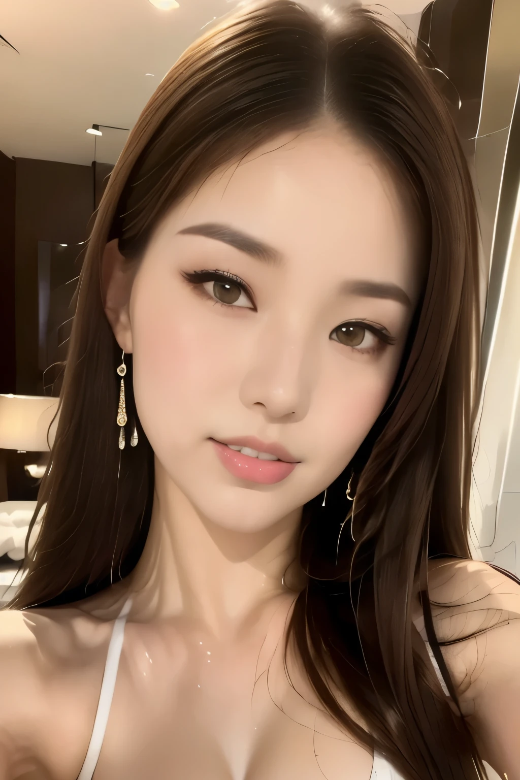 ((highest quality, 8k, masterpiece :1.3)), One Girl, ,A very attractive smile:1.1,, Red lipstick:1.2,Slim face, Big Breasts:1.3, Saggy breasts:1.2,Detailed face, double eyelid, Hawaii,Hotel,shower,Looking into the camera,On the bed,((naked)),(masterpiece: 1.3), (Maximum resolution: 1.4), (Ultra-high resolution: 1.2), Cinematic Light, Ultra-high resolution, (Detailed eyes and skin), (Features of Detailed face), 8K resolution, Perfect Style, beautiful 、Light brown hair,Straight Long Hair,175cm,From above