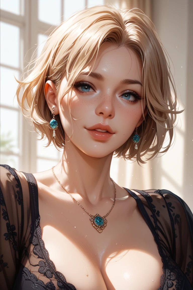 (masterpiece,official art, highest quality, etxreme detail, 8k, render, octane,best quality:1.2),1girl,short curly blonde hair,beautiful eyes,radiant skin,ultrarealistic,attending a party,(wearing a stunning dress:1.3)