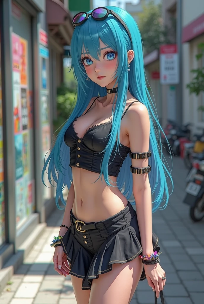 young girl, long turquoise hair, punk haircut, turquoise eyes, Scars, punk make-up, leather jacket, Burns, ripped clothes, madness, smirk, Masterpiece, highly quality