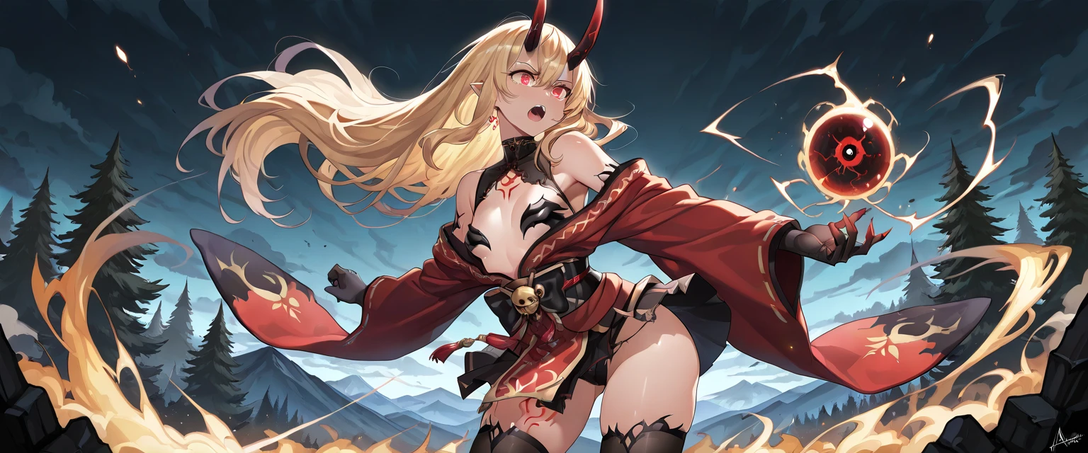 fantasy, 1devil_girl, low_teen, platina_blond_hair,long_bangs, bare_shoulder, navel out, thighhighs,silver_armor, red_wears,waist_armor, Glebe, hold_swords, large_tits, dynamic_floating_pose,Floating,(pelvic_curtain:1.3), silver_Headgear ,looking_down_at_sunrise_city_sky_background,,slightly_spread_legs,solo,horn ,smile,,open_legs,open_arms,rise_knee,rise_leg,rise_thigh,rise_leg,apart_legs,fang,Shiny_gold_eyes,crotch