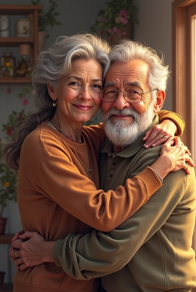 An elderly man, with gray hair and a gentle expression, is standing behind a woman, gently holding her around the waist. The setting is a cozy room with soft lighting, adding warmth to the moment. Both figures are clothed, and the interaction appears affectionate and caring, reflecting a tender connection between them.