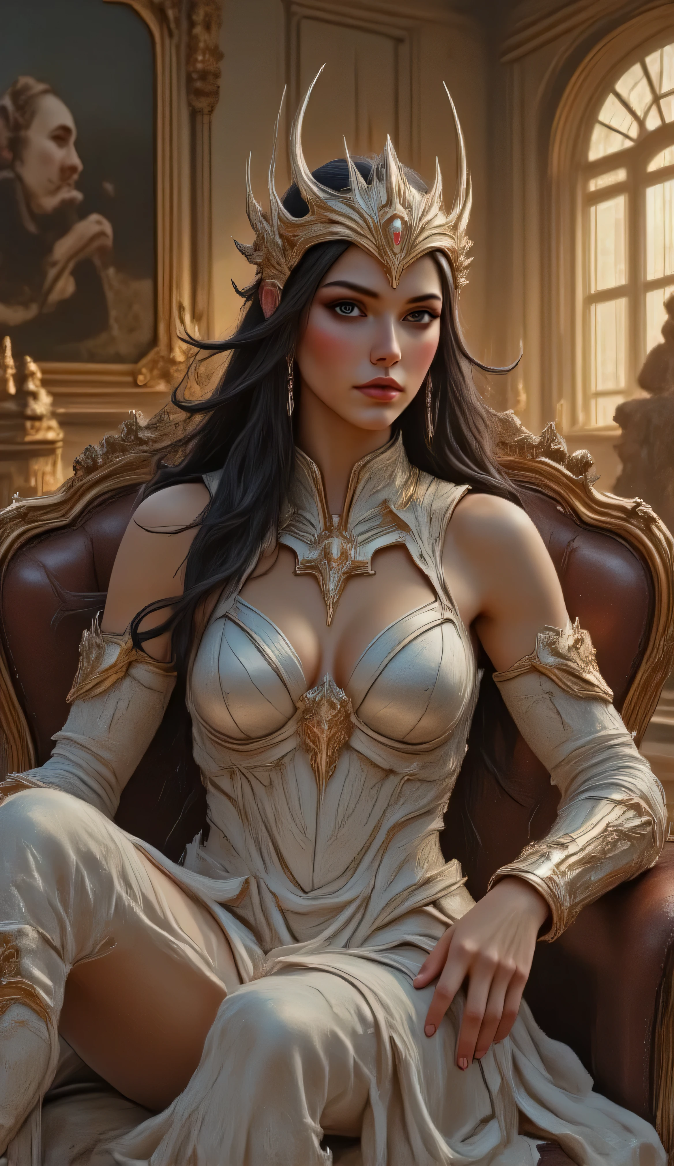 tunning ultra-realistic female goddess reclining on a leather sofa, ornate white and gold fantasy armor, deep cleavage, glowing skin, long flowing black hair, ethereal crown, elegant pose, majestic ambiance, cinematic soft lighting, Renaissance-style background painting, photorealistic textures, 8K UHD, sharp focus, Unreal Engine render, highly detailed, concept art, masterpiece by Artgerm and WLOP"Hyper-realistic fantasy warrior woman, graceful and strong, seated on luxurious furniture, wearing intricate white and gold armor with cutouts, flawless skin, seductive expression, volumetric lighting through a wooden window, highly detailed textures on fabric and metal, ambient occlusion, cinematic background, 8K render, realism + fantasy mix, inspired by WLOP, Greg Rutkowski"
Ultra-detailed female character in seductive white and gold fantasy armor, lounging sensually, high fantasy setting, luxurious brown leather couch, elegant yet provocative costume design, soft natural lighting, glowing skin, expressive face, thigh armor and arm bracers, ancient painting in the background, warm light shadows, 8K resolution, Unreal Engine detail, ultra photoreal, artstation style"
Cinematic portrait of a divine enchantress, dressed in ornate white and gold armor with regal accessories, reclining in a lavish room, long dark silky hair, flawless makeup, natural window light, velvet and leather textures, Renaissance art backdrop, subtle blush, intense eyes, skin detail pores, 8K sharp render, realism, fantasy fashion, inspired by Sakimichan and Hayden Williams"
