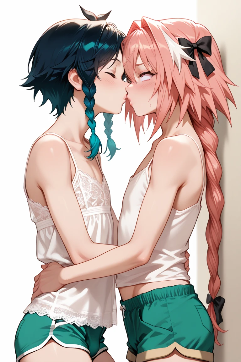 Obra maestra, mejor calidad, Arte oficial, fondo de pantalla 8k, Muy detallado, illustration, 2 girls with pink hair kissing and wearing pink swimsuits and jumping
