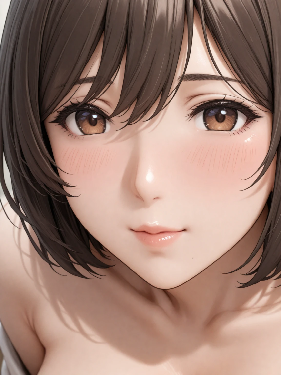 masterpiece, High resolution, figure, Kyoto Animation Style, Kimi of the Name Movie Style, night, midnight, Gentle light, Fascinating Light, (1 female: 1.3), (alone: 1.4), Long eyelashes, Short Bob, nose_blush, Open_mouth, futon, NUDE, NUDE, towel, Chirarizum, dynamic perspective, perspective, bokeh, depth_of_Field, from_ Under