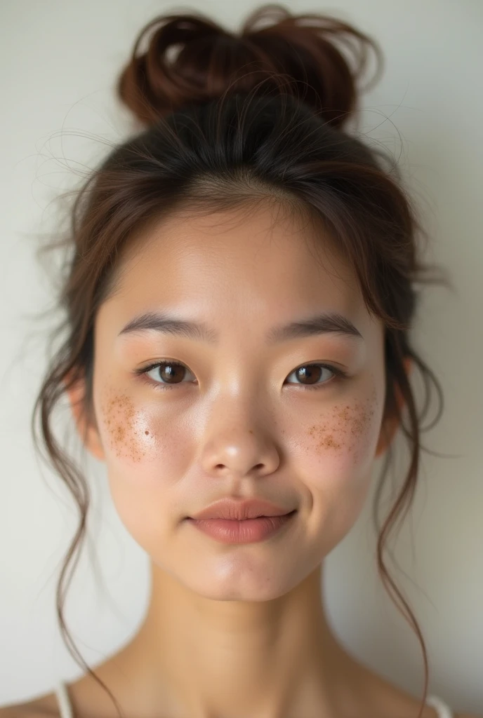 A few light-colored freckles irregularly distributed on the cheekbones