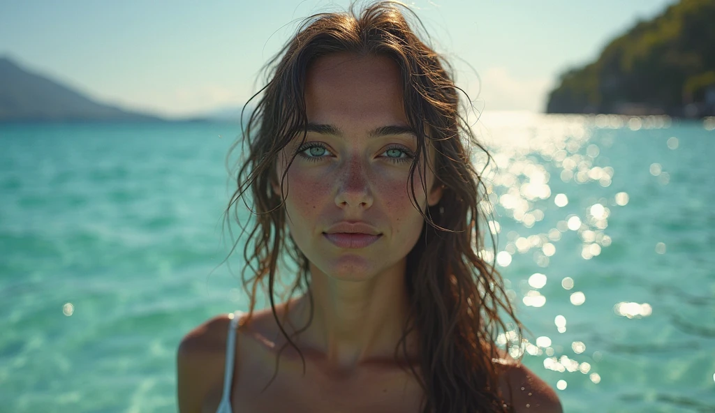 ((best quality, Exceptional quality)), ((better skin texture, premium quality material)), (portrait du haut du corps, Point de vue), Beautiful brunette with green eyes, freckle on face, long wavy hair, ultra realistic face, 0 defaut, 4K, portrait de face, photo de face, white background, photo de visa