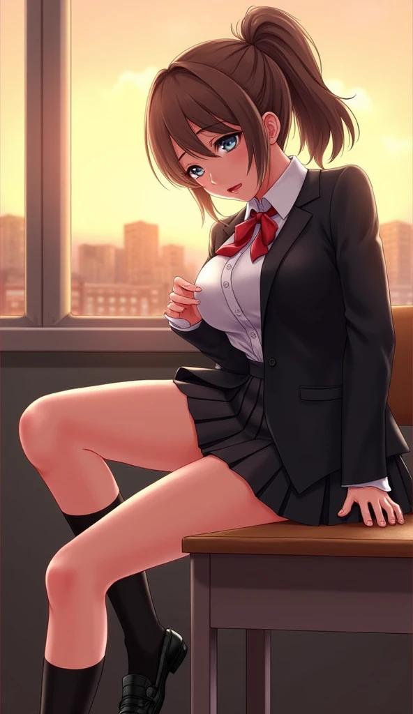 blazer、mini skirt、(Completely naked:1.5)、spread legs、((highest quality, 8K, masterpiece:1.3)), detailed eye, look at the camera, ((natural light:1.2)), 1 blonde girl,slim,(professional photographer) brown eyes, (blonde, shortcut:1.4), looking at the viewer、blushing、17 years old、provocative look、look down on、at the station