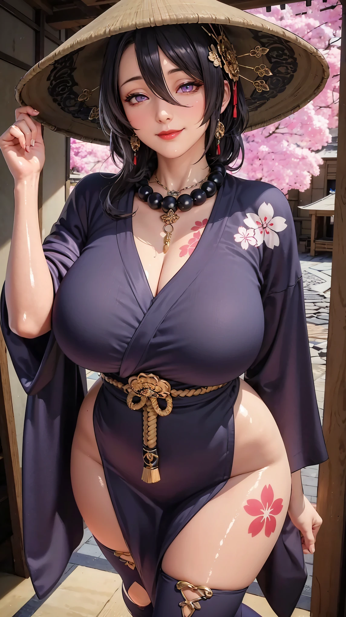 masterpiece, best quality, highres, hancock1, 1girl, boa hancock, large breasts, long hair, epaulettes, cape, crop top, side slit, stading, outdoors, smile,(bigger breasts:1.5),hand hold breasts