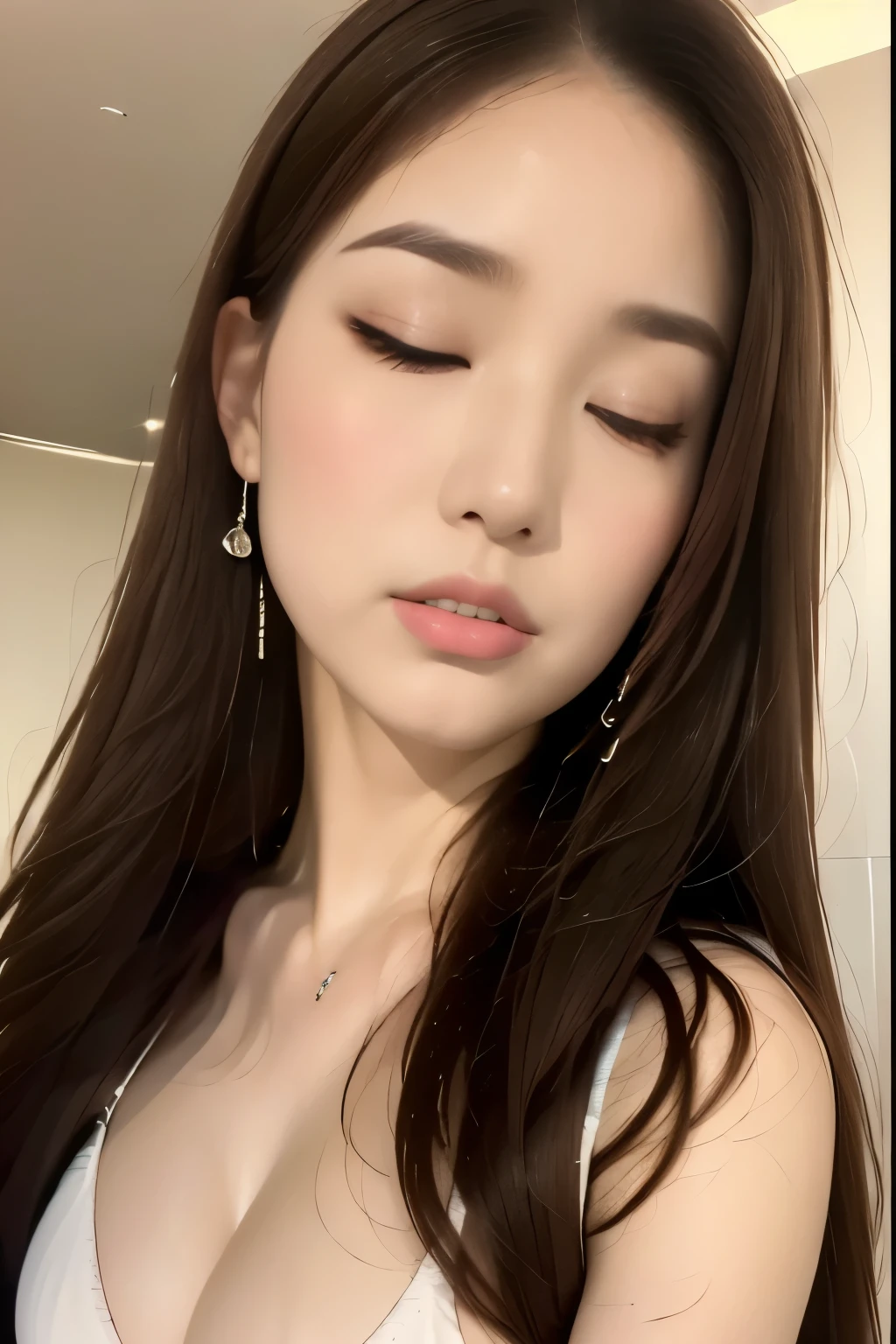((Highest quality, 8k, masterpiece: 1.3)), concentrated: 1.2, Perfect beauty: 1.6, Astock: 1.3, (Straight Hairstyles), (Orange One Piece), (night, shower room), Highly detailed face and skin texture, Narrow eyes, double eyelid, Whitening skin, Long Hair, ((close your eyes:1.3)),look up,Shut your mouth., Detailed eye makeup,Highly detailed eye texture,Very close,Deep Red Lipstick,Big Breasts:1.3,Saggy breasts