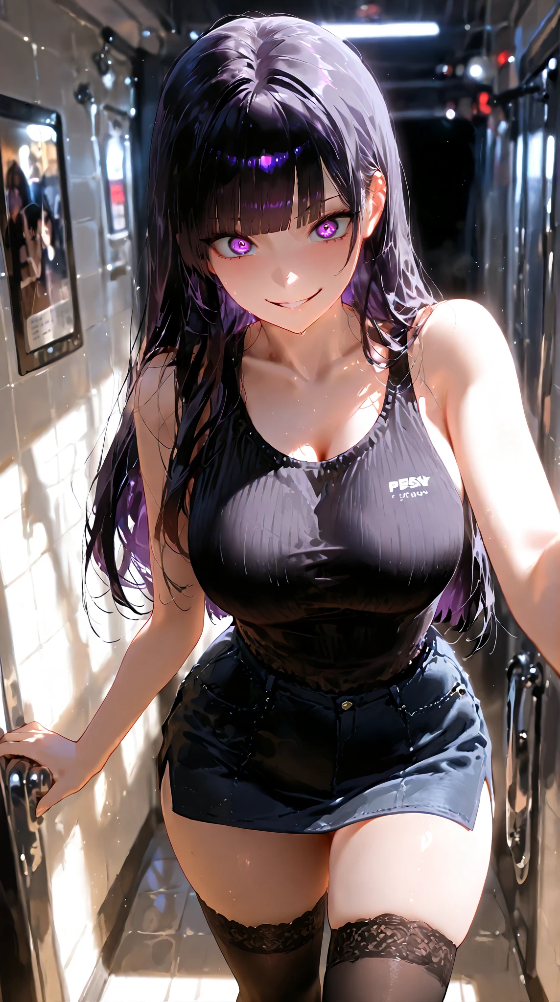 masterpiece,anime style,chibi,sexy girl,black hair,shoulder length hair with two pigtails,nude,with headphones,smiling,big breasts,waiting on the right side of the image,showing cleavage,full body,standing,