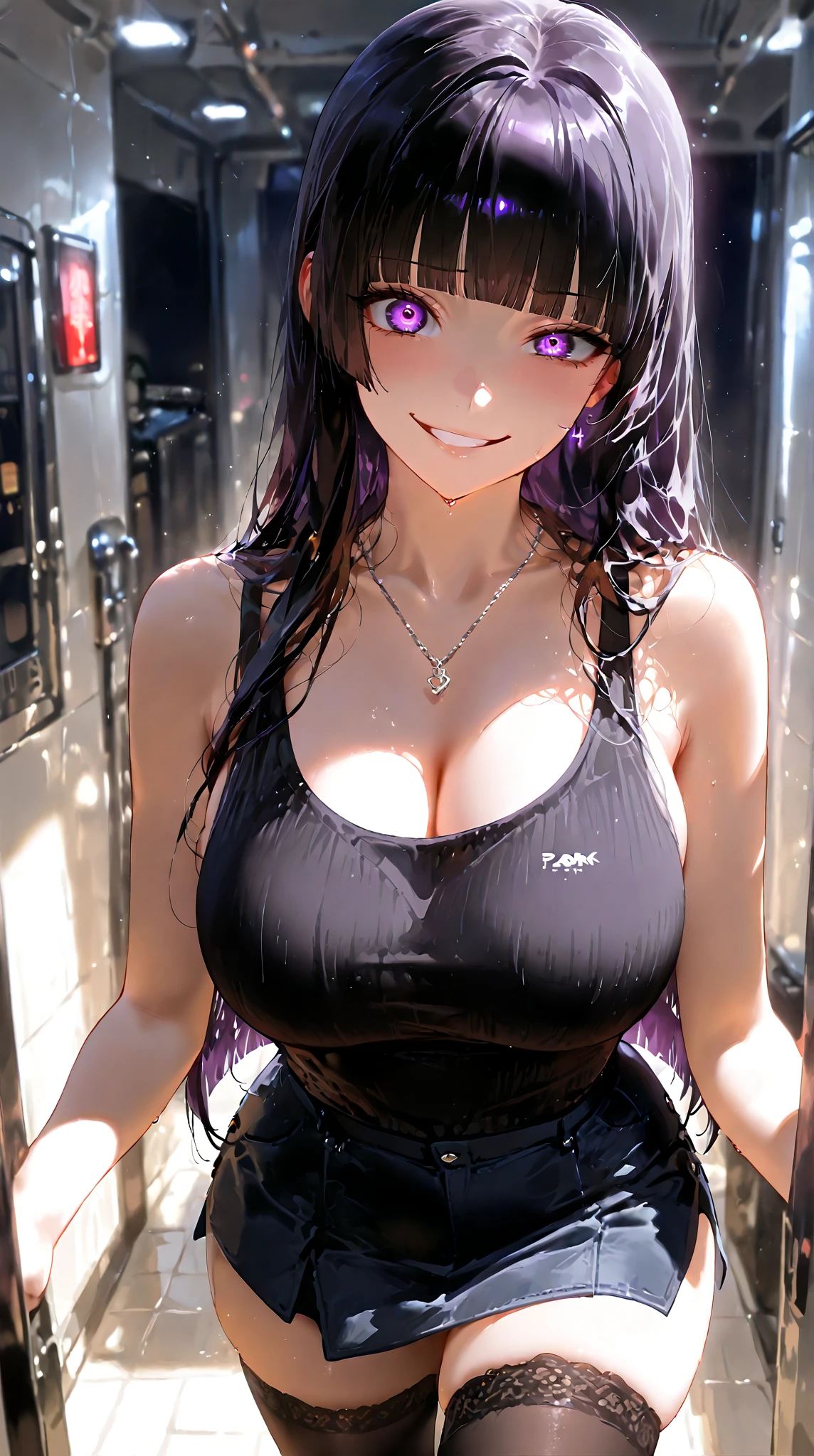 Only a black girl, purple hair. Green eyes. Slender, athletic and elegant build. Yellow tank top, black latex pants, a denim jacket. She completed her outfit with yellow sneakers.amazing stunningly beautiful, most beautiful women ever. Big , nsfw, big ass
