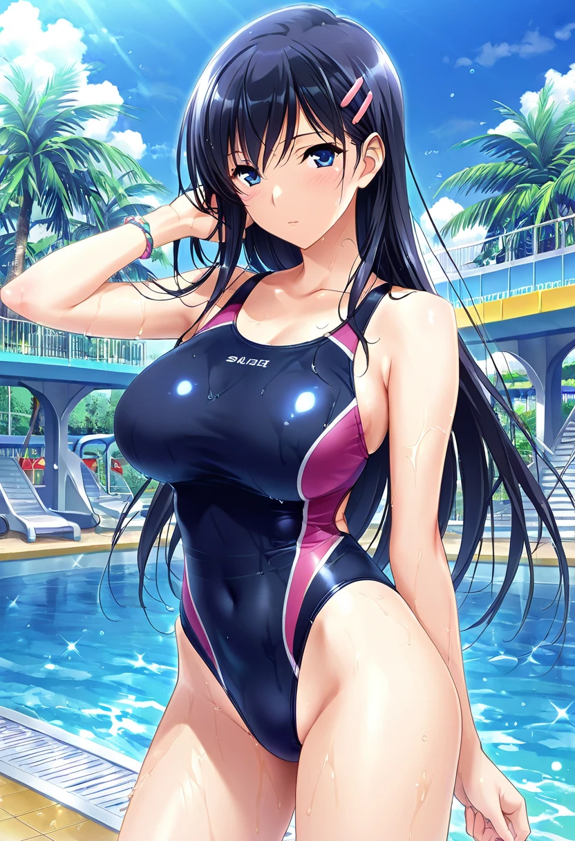 (best quality,masterpiece:1.3),absurdres,highres,8k, ultra high res, ultra perfect face, perfect hands,
kotegawa yui, brown eyes, black hair, long hair, (huge breasts:1.6), looking at viewer, light smile, (old school swimsuit, pool:1.6), (slender:1.0),