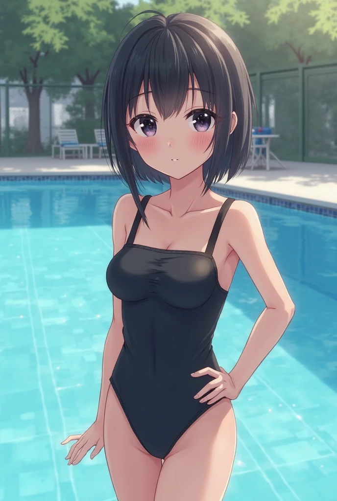 (masterpiece), best quality, (16k), expressive eyes, perfect face, BREAK, office lady, 1 girl, solo, large breast, navel, BREAK, ((black botanical print tube top)), ((wet black solid pencil mini skirt)), BREAK, bare arms, bare legs, shiny skin, wet body, BREAK, black hair, very short hair, wet hair, black eyes, BREAK, outdoors, in the pool, wading, night sky, standing, sad, :o, (cowboy shot), (from front), BREAK,