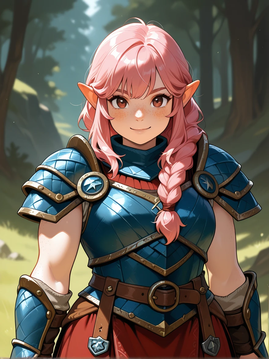beautiful dwarf girl, solo female, dwarf DND female, freckles, chest armor, shoulder armor, pink hair, long braid, hazel eyes, muscled, athletic, dwarven warrior woman, blue armor, short red skirt, wide shoulders, short woman, short stature, combat pose, curvy body, curvy figure, muscled biceps, happy expression, masterpiece, highest detail.