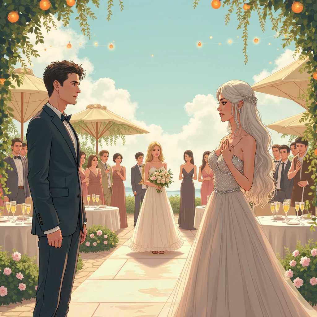 Obra-prima, de melhor qualidade, um casal, sendo o homem de terno e mulher com vestido preto, In the background, a space with flowers
