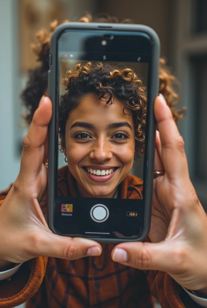 curly black hair, light brown skin tone, dark brown eyes and holding an iPhone. The background of the image is a social media profile page with the username "Christiane Limpclean" and a and a matching profile picture +