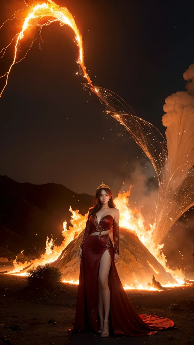 Create a nocturnal artwork depicting a beautiful goddess standing on a rock, wearing a flowing red robe, casting spells with fireballs in her hands, surrounded by flames and smoke. The night sky is filled with stars, and the moon is peeking out from behind the clouds, illuminating the goddess with its glow. Below the rock, there is a volcanic crater with flowing lava, casting a warm orange light on the goddess and the environment. This scene is truly awe-inspiring, full of mystery and magic,
hdr, (photorealism, masterpiece quality, best quality), , pureerosface_v1,ulzzang-6500-v1.1,