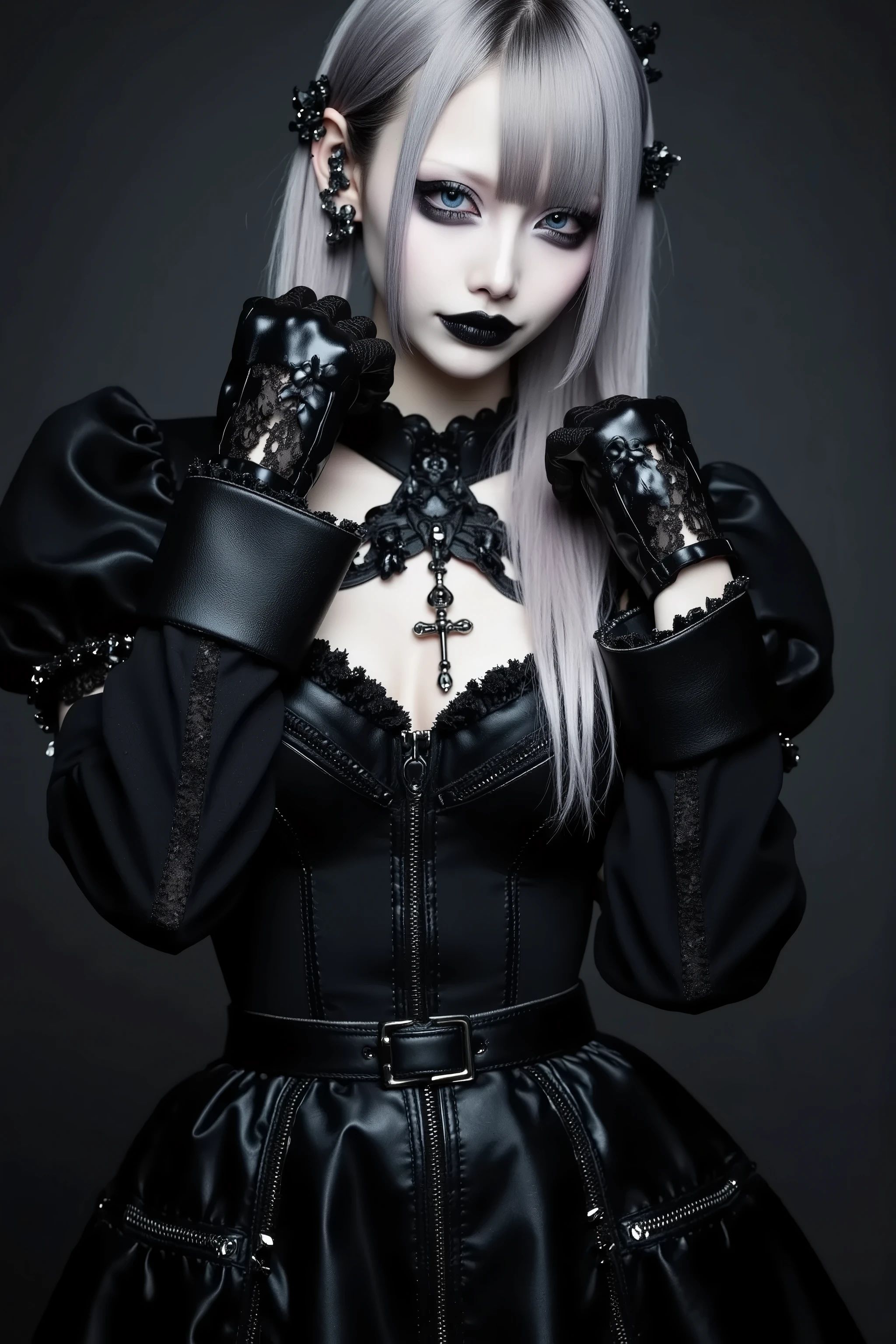 1girl,silver hair,dress,trim,pale skin,fashion portrait,goth,realistic photo,dramatic,