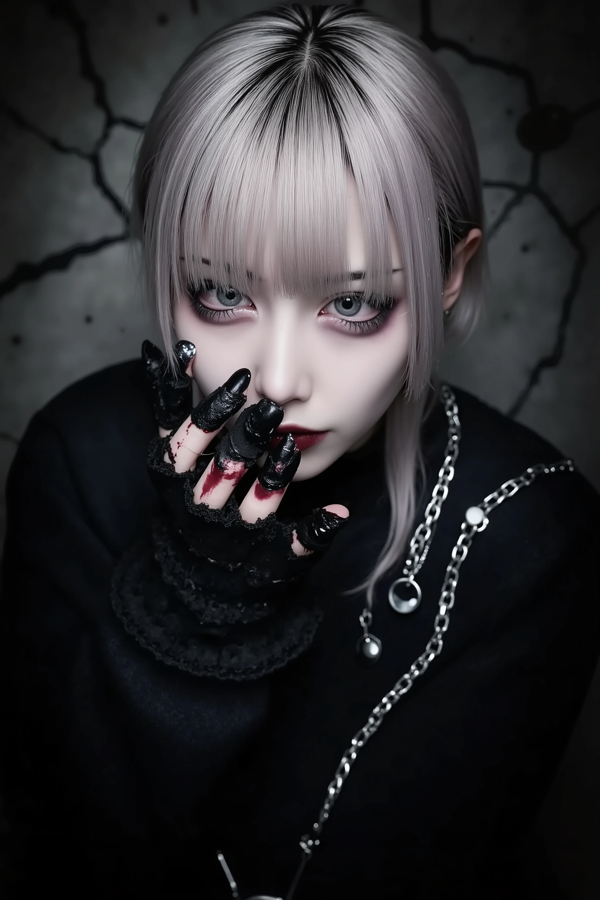 1girl,bangs,black nails,blonde hair,blood,chain,crack,fingernails,grey eyes,horror \(theme\),long sleeves,looking at viewer,male focus,nail polish,short hair,solo,upper body