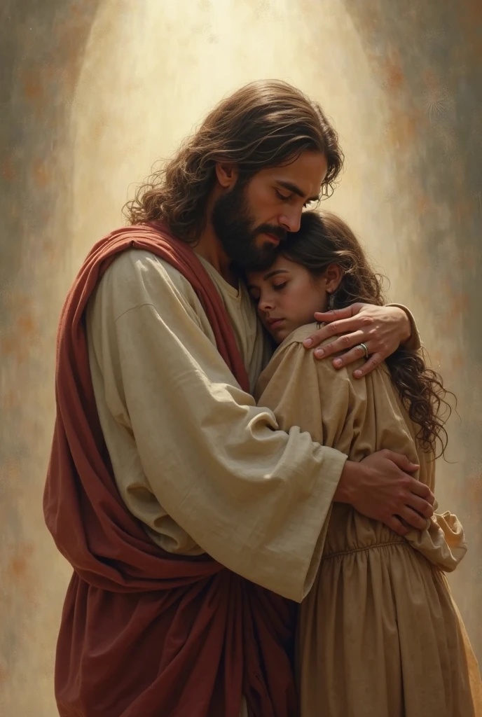 Jesus hugging a child in a dystopian apocalyptic setting, surrounded by smoke and debris, emotional, cinematic lighting, highly detailed, dramatic atmosphere, depth of field, masterpiece digital painting by Greg Rutkowski and Artgerm, 4k resolution, highly expressive faces.