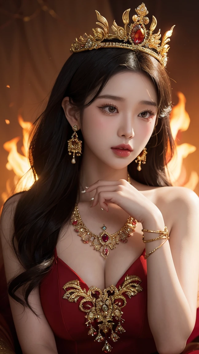 Highest quality,masterpiece,Ultra-high resolution,(photoRealistic:1.4)One girl,beautiful_face,Detailed skin,whole body,Yuhuosh,jewelry,alone,Earrings,(fire:1.3),Blurred,Realistic,lips,