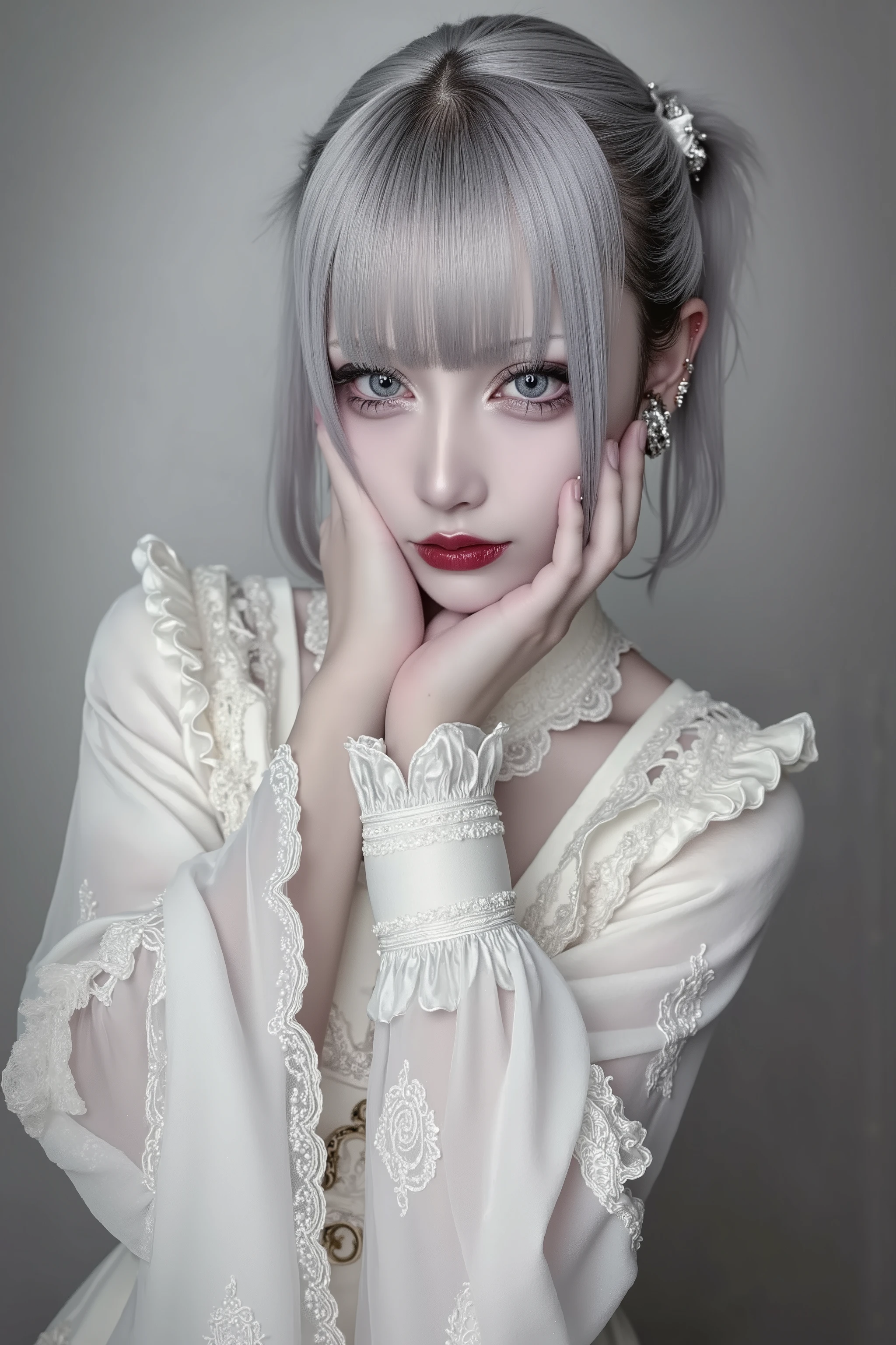 1girl,silver hair,dress,trim,pale skin,fashion portrait,realistic photo,dramatic,