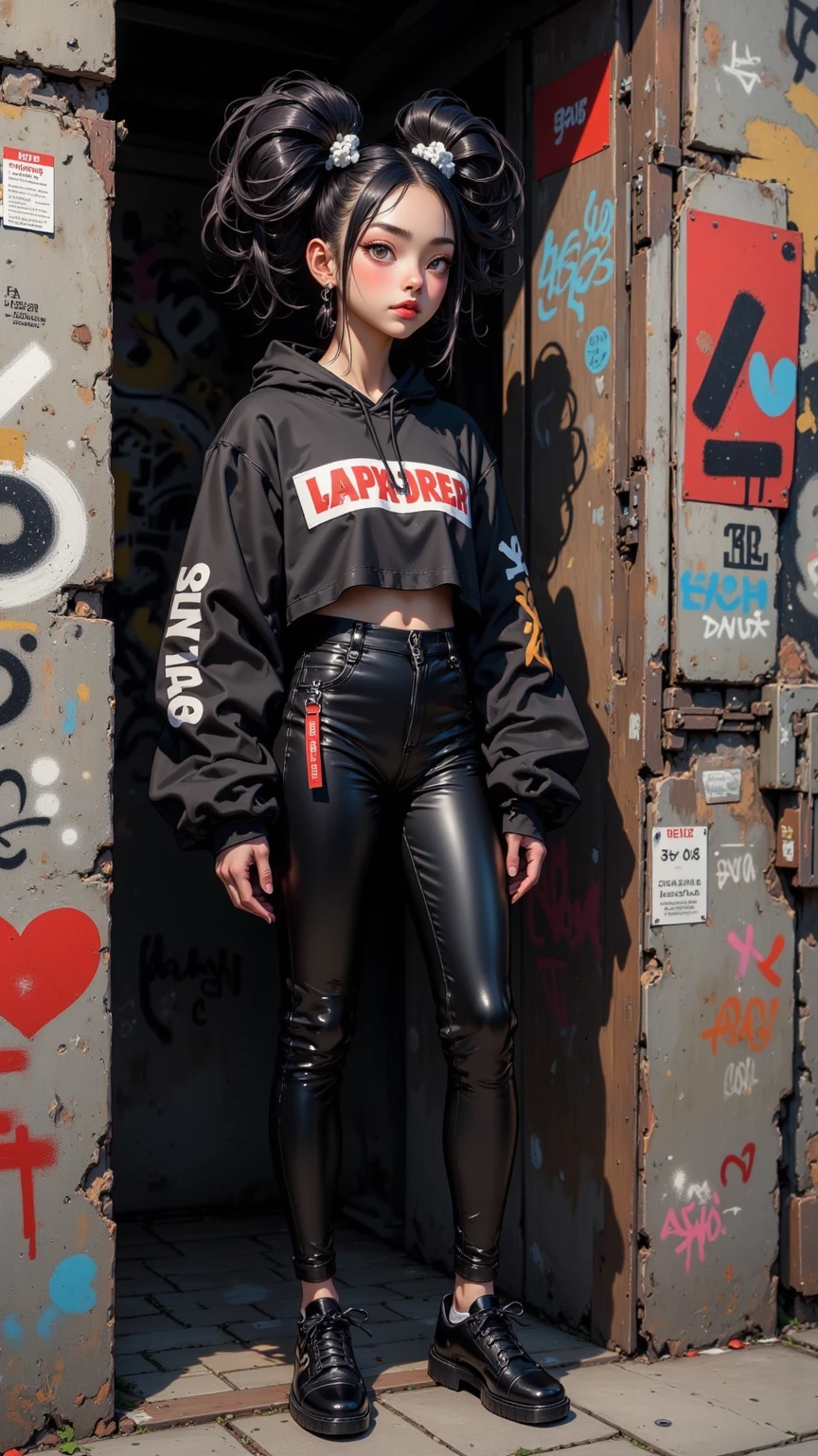 Korean woman, straight rainbow hair, 20 years old, pretty, tall, holds a gun in her right hand. black turtleneck dark gray pants Black leather shoes, action pose, full body photo. 32K realistic images, very detailed Background of shooting sports at the 2024 Olympics"
