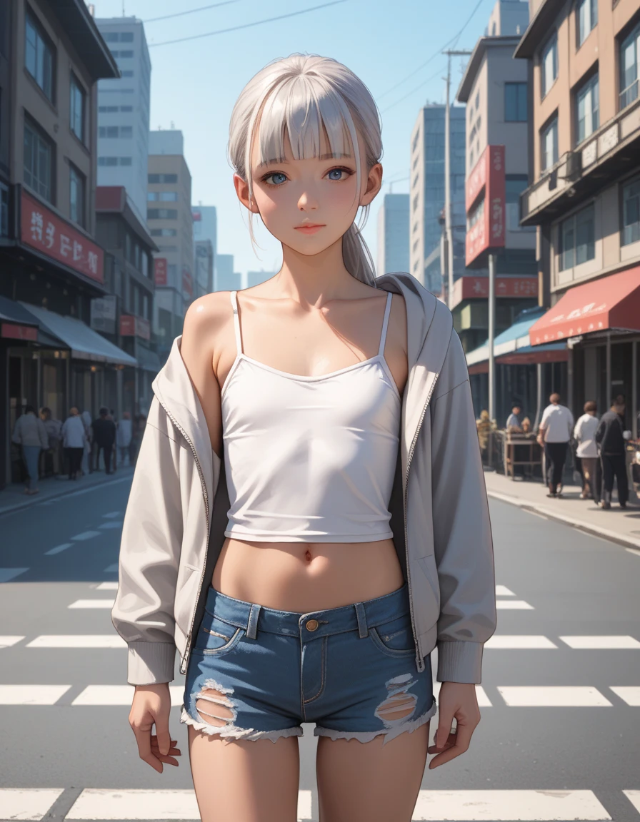 1 female,perfect 20 year old,Gal,((Ideal body proportions:1.3,Small Head:1.7)),Sunburn,(((High quality anime, 8k,masterpiece,Perfect Anatomy))),Cowboy Shot,(Beautiful and exquisite face and eyes,gorgeous eyes:1.3),  break  ,Brown eyes,  break  ,Blonde,Short Bob Hair,bangs,  break  ,smile,blush,Small breasts,Slender body,Toned body,skinny,Sweat,  break  ,Oversized white T-shirt,Long sleeve、denim micro shorts,　break   ,Are standing,on the road,Shibuya Station、Tokyo、