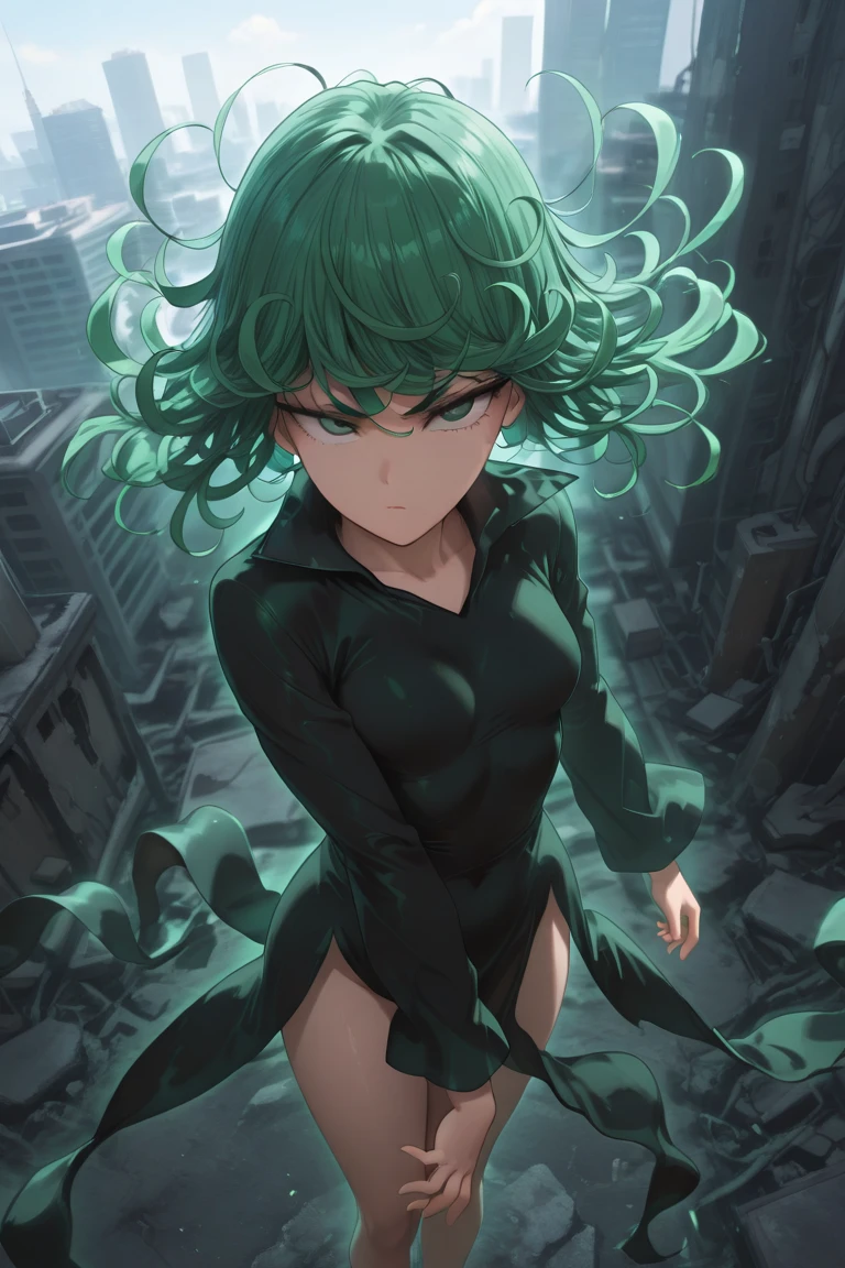 girl, tatsumaki, one-punch man, black clothes, aura, floating, floating rock, telekinesis, cinematic angle, realism, detailed background, best quality, masterpiece, very aesthetic, perfect composition, intricate details, ultra-detailed, Animagine