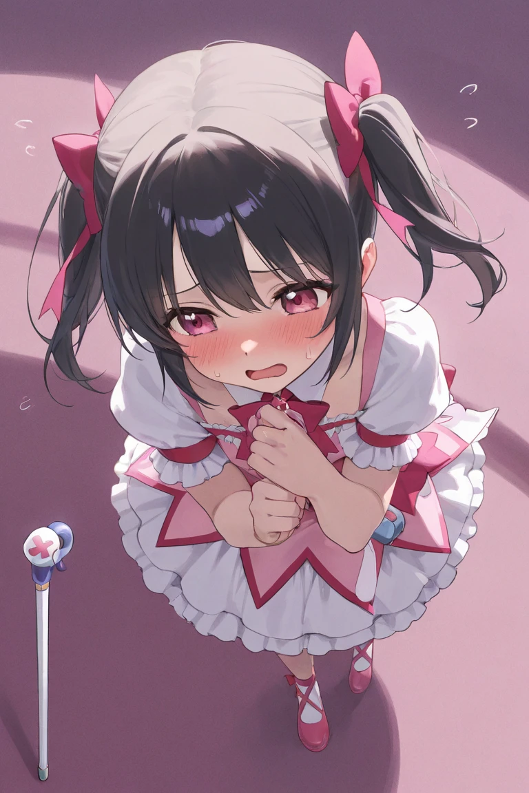 (masterpiece), best quality, expressive eyes, perfect face, a man get transformed into a little toddler girl, solo, blushed, black hair, long hair, red baseball cap, brown eyes, (full body), open mouth, get electrocuted, pink electricity, bare foot, cute pink dress, in a park.