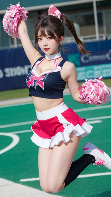 masterpiece, best quality, illustration, Super detailed, fine details, High resolution, 8K,wall paper, perfect dynamic composition,(Details High quality, realistic depiction of eyes:1.3), hotel room, (cheer girl:1.5),(a miniskirt), to stand、large breasts,short bob hair, black hair color, Big Natural Color Lip, bold sexy pose, crying a little、Harajuku style、20 year old girl、cute type、lolita、beautiful legs, hposing Gravure Idol