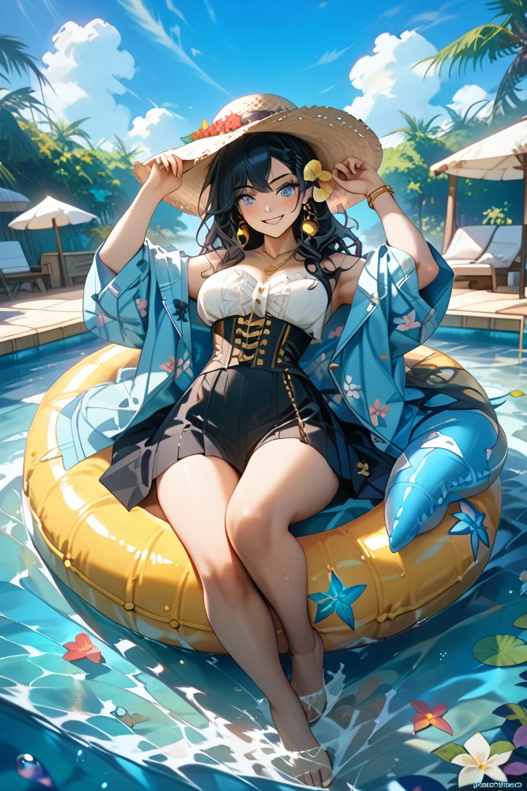 (highest quality、masterpiece、High resolution)、4K Anime Art、(Background Art)、(Drawing tropical flowers and plants)、Beautiful swimsuit woman、Cat ear、(Blank Background)、((White Background))、
