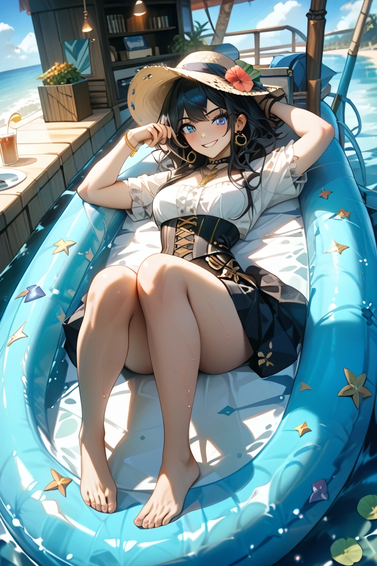 Un barco de lujo y una hermosa mujer bronceada, Cuerpo definido y tatuado tomando el sol en la proa del barco. (La mejor calidad) obra maestra