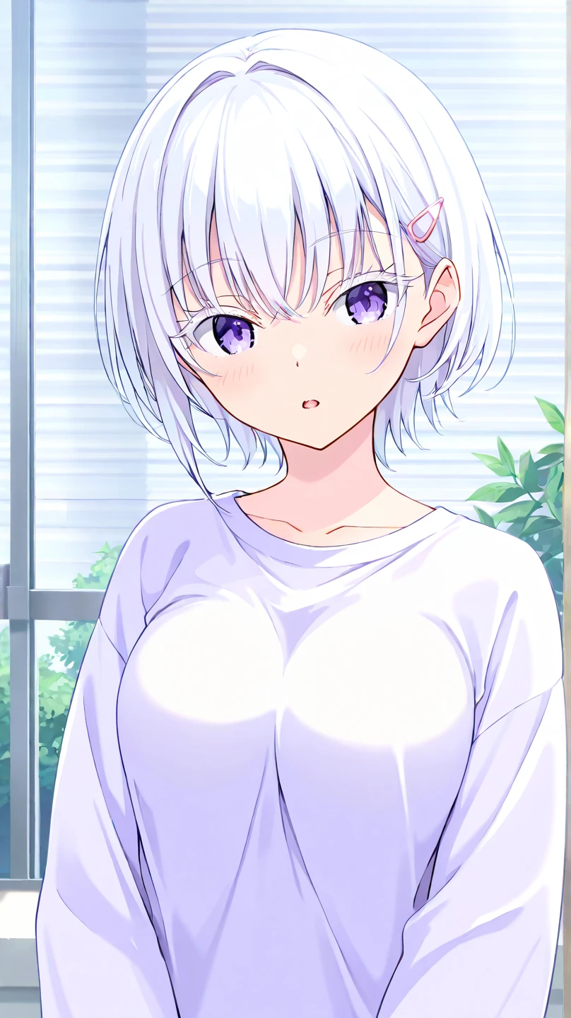 masterpiece, best quality, movie still, 1girl solo, female focus, looking at viewer, upper body, depth of field, (watercolor illustration, soft pastel colors:1.1), realistic, white hair, black eyes, naked, small breasts