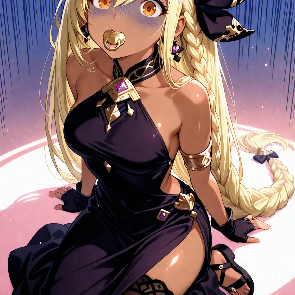 1girl, Angle from below:1.8, The girl bends forward to show off her breasts、legs apart, (Blade), (Tanned shiny black skin:1.6)、Glowing Eyes, ((Sexy evil grin)), (10 years old girl), blondes、Twin tails、forehead、Small breasts, hat, ((((arabian clothes, see-through)), (headband), (Areola Slip), small breasts, (jewelry)))、desert, ((sahara)), ((focus foot))、(手を頭の後ろで組む), (crotch), (foot),((foot)), 足の裏、(しゃがむ), ass