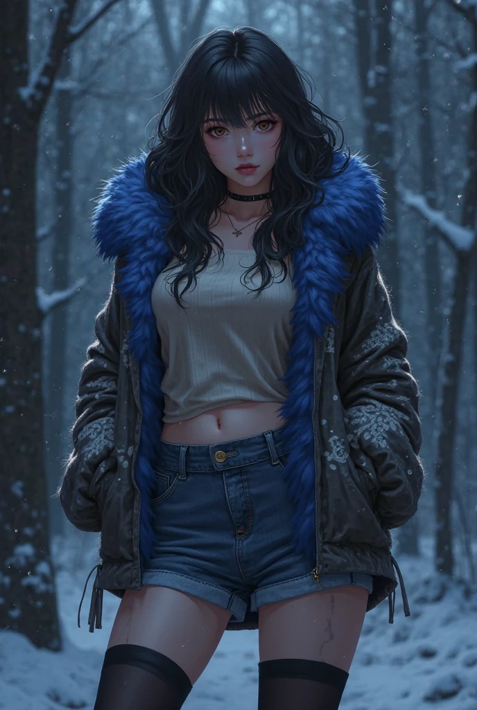 1girl, Selena Gomez, masterpiece, best quality, ultra-detailed, solo, outdoors, (night), mountains, nature, (stars, moon) cheerful, happy, mountain boots, gloves, mini sweater top, bare belly, hat, flashlight, forest, rocks, river, wood, smoke, shadows, contrast, clear sky, analog style, (look at viewer:1.2), (skin texture), close up, cinematic light, sidelighting, ultra high res, best shadow, RAW, upper body, wearing pullover top