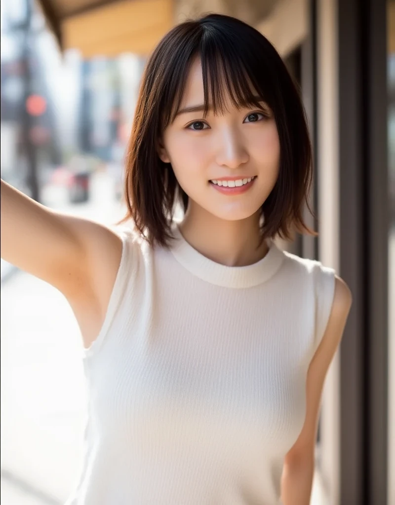1girl, (white seamless camisole:1.6),(RAW photo, best quality), (realistic, photo-realistic:1.4), masterpiece, an extremely delicate and beautiful, extremely detailed, 2k wallpaper, Amazing, finely detail, extremely detailed CG unity 8k wallpaper, ultra-detailed, highres, soft light, beautiful detailed girl, extremely detailed eyes and face, beautiful detailed nose, beautiful detailed eyes,(cinematic lighting:1.4),(in the city:2.0),perfect anatomy,(slender body:1.6),(close up face:1.8),(gently smile,Friendly, warm:2.0),(looking at viewer:1.8),(japanese idol:1.8),(wavy hair:1.6), (brown eyes:1.8),(posing:1.8),<lora:hidakarina_lora-14:0.8>