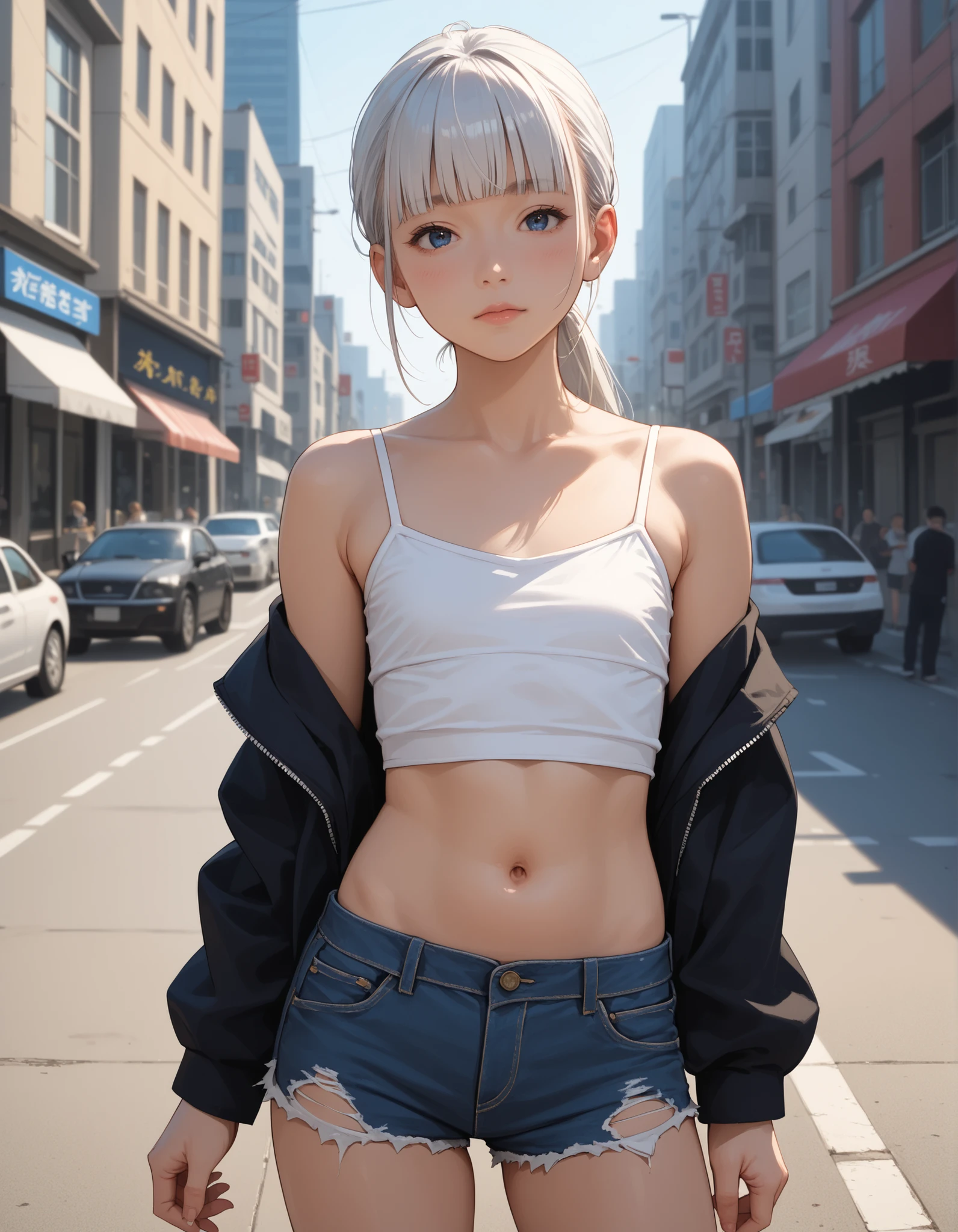 Score_9, score_8_up, score_7_up, score_6_up, source_anime, rating:general, 1girl, long white hair, soft ponytail, blunt bangs, dark blue eyes, perfect face, pale white skin, flat chest, wearing an open fleece zip hoodie with camisole spaghetti straps, ripped light blue denim shorts, tight sexy clothing, slender build, slender legs, cute belly button, mature appearance, looks late twenties to early thirties, head tilted slightly, shy and reserved expression, standing in a foggy city, daytime, Sunshine , moody atmosphere, sunshine, sunny, extremely detailed, sharp focus, highly detailed face, hyper-realistic shading, ultra-detailed, perfect anatomy, 8k resolution, vivid colours, masterpiece