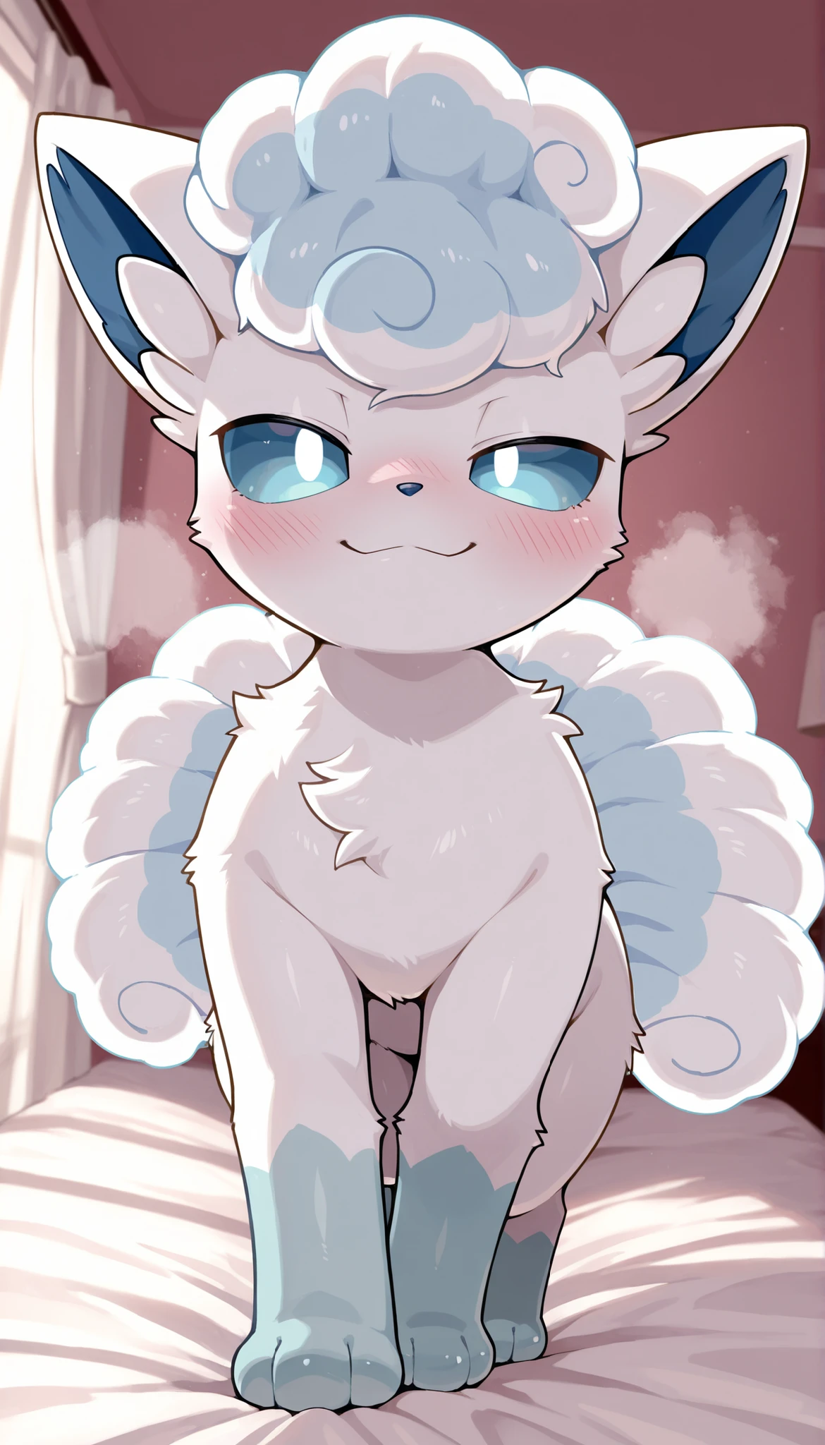 (((Highest quality,Game CG))),(((Alolan Vulpix、Alola Lokon))),((White fox girl,Blue Layered Eyes,Fox-like nose,A pitch black nose like a fox,Mouth like a fox,Long eyelashes,Eyeliner,Fluffy fur)),((Perfect Anatomy)),((Female Pokemon)),((looking at the camera,Very cute face,)),Anime Style,Draw with crisp lines,Detailed depiction