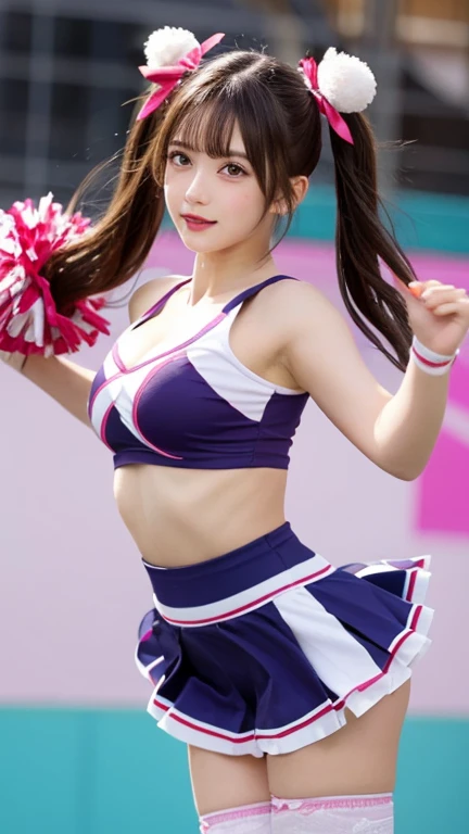 (8K, best quality, masterpiece:1.2), (realistic, photo-realistic:1.37), (high color saturation:1.0), (highly detailed skin), (highest quality:1.0), (ultra high resolution:1.0) ,(realistic:1.0), (Super detailed:1.0), (8K, Raw photo:1.1)、random pose, smiling, small breast, perfect lighting, solo, 1girl, (mysterious), (blurred background), clear and detailed, dancing, cheerleading_uniform, hold in hand pompoms, ((indoor_stadium)), low angle, raise one legs, panties, inverted nipples, sexy, software, full body shot、nsfw,
