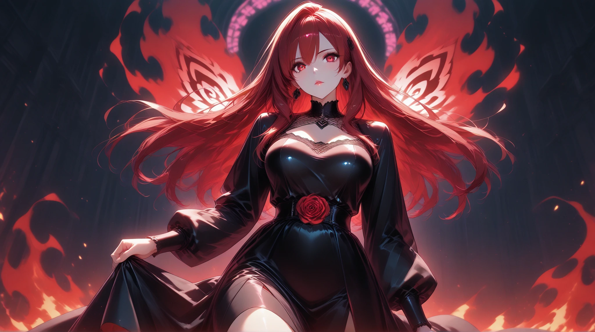 Blood-eyed Princess of Darkness, Redhead, Crown, Wicked Smile, Anime Style, Lens flare, High detail, First Person View, Cinema Lighting, masterpiece, Super detailed, Highest quality, 8K, Ultra-high resolution, Panty shot
