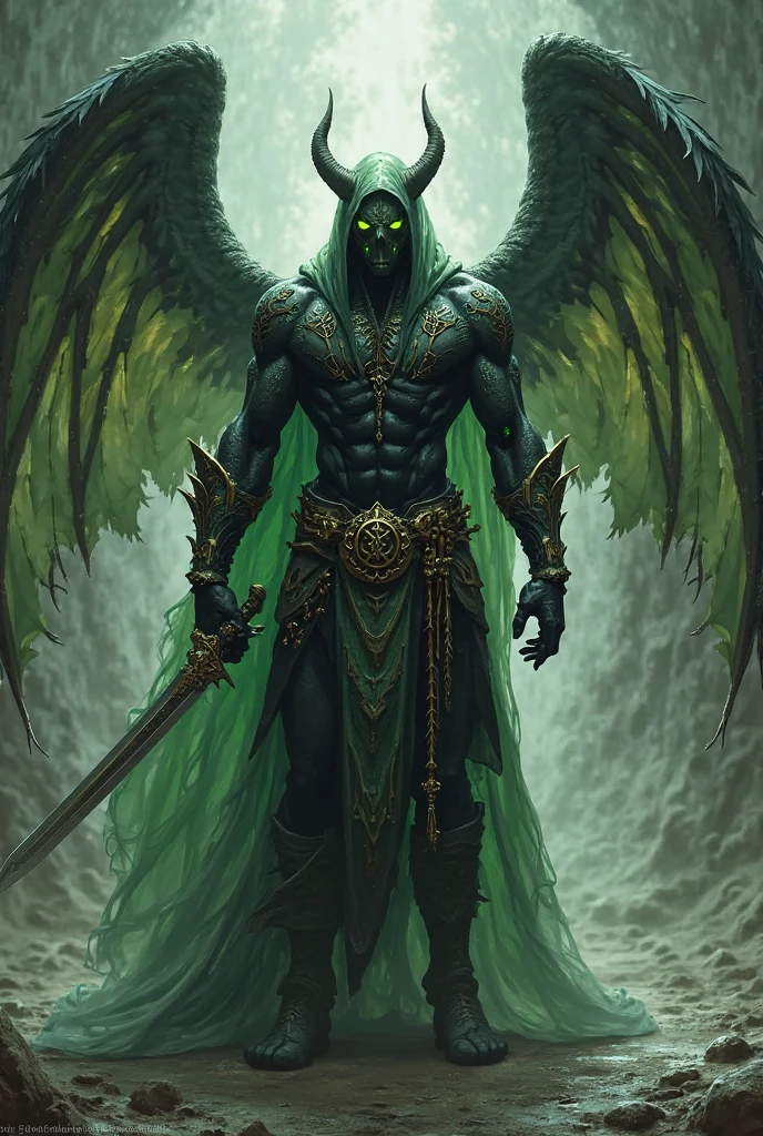 Black angel,tattooed,man,sickle,green eyes,