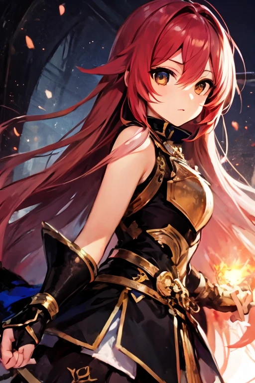 beautiful, red head, Dragon girl, black and gold dress, blue flaming sword, pose