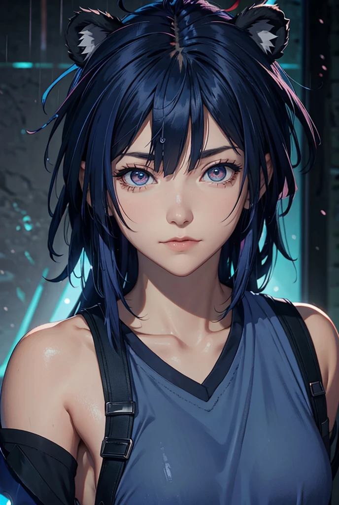 Blue-haired woman、shortcut、Bangs that cover one eye、the whole body is wet、sweater、anger、Gonzo photographer、someone touches a woman&#39;s breasts from behind、Another person fondling a woman&#39;s breasts from behind、