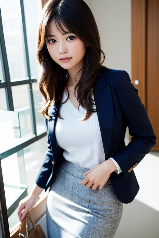 Woman in a suit standing on the sidewalk,((23-year-old woman))、small Breasts、Dark brown hair color、Hairstyle with bangs、Various hairstyles、Hairstyles of different lengths、(8k, RAW Photos, highest quality, Tabletop: 1.2),、(Realistic, Realistic: 1.3), Cityscape, Day, Sunny Morning, Professional Lighting, Photon Mapping, shirt, (Woman in a suit,) Silk Suit、Pencil Skirt、Tight Skirt、((Delicate photo))，(Detailed RAW Photos of Girls), (Tabletop:1.25), (highest quality:1.6), (超A high resolution:1.5), (Realistic:1.75), 8k resolution, Canon EOS R5, 50mm, absurdes, Ultra-detailed,Cinema Lighting, (Skirt Lift:1.5)、nsfw、the wind is strong、smile、Skirt flipped up, ((panties)), beautiful pussy, nsfw,