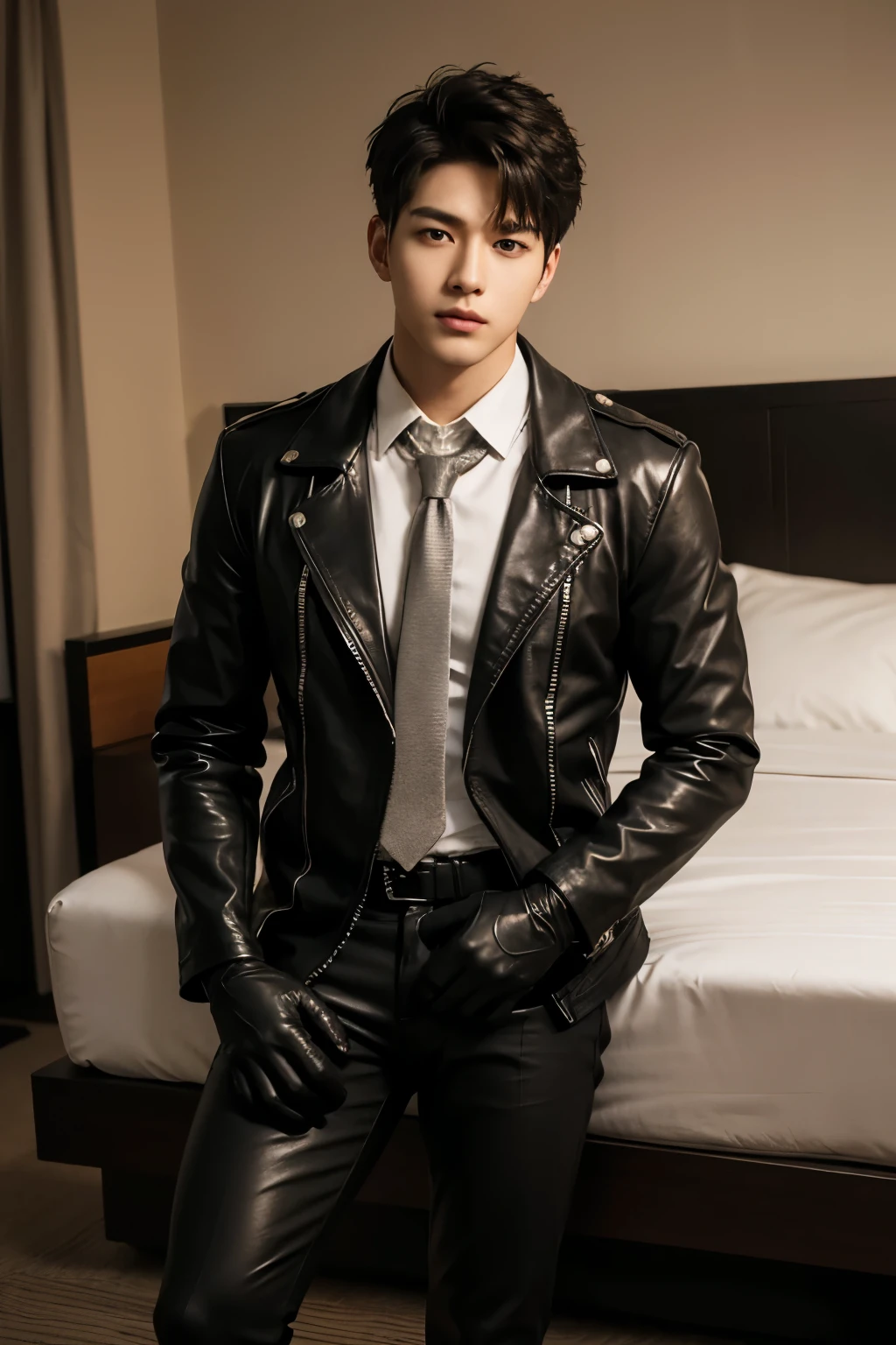 a slim muscular, Full body shot of a handsome K-pop male idol in leather jacket and tie and leather gloves. lean on lie down in hotel room. tempting.sexy.try to rape.realistic high quality .intricate detail face , ultra high res, uhd. Hyper-realism. a look of holding back pain