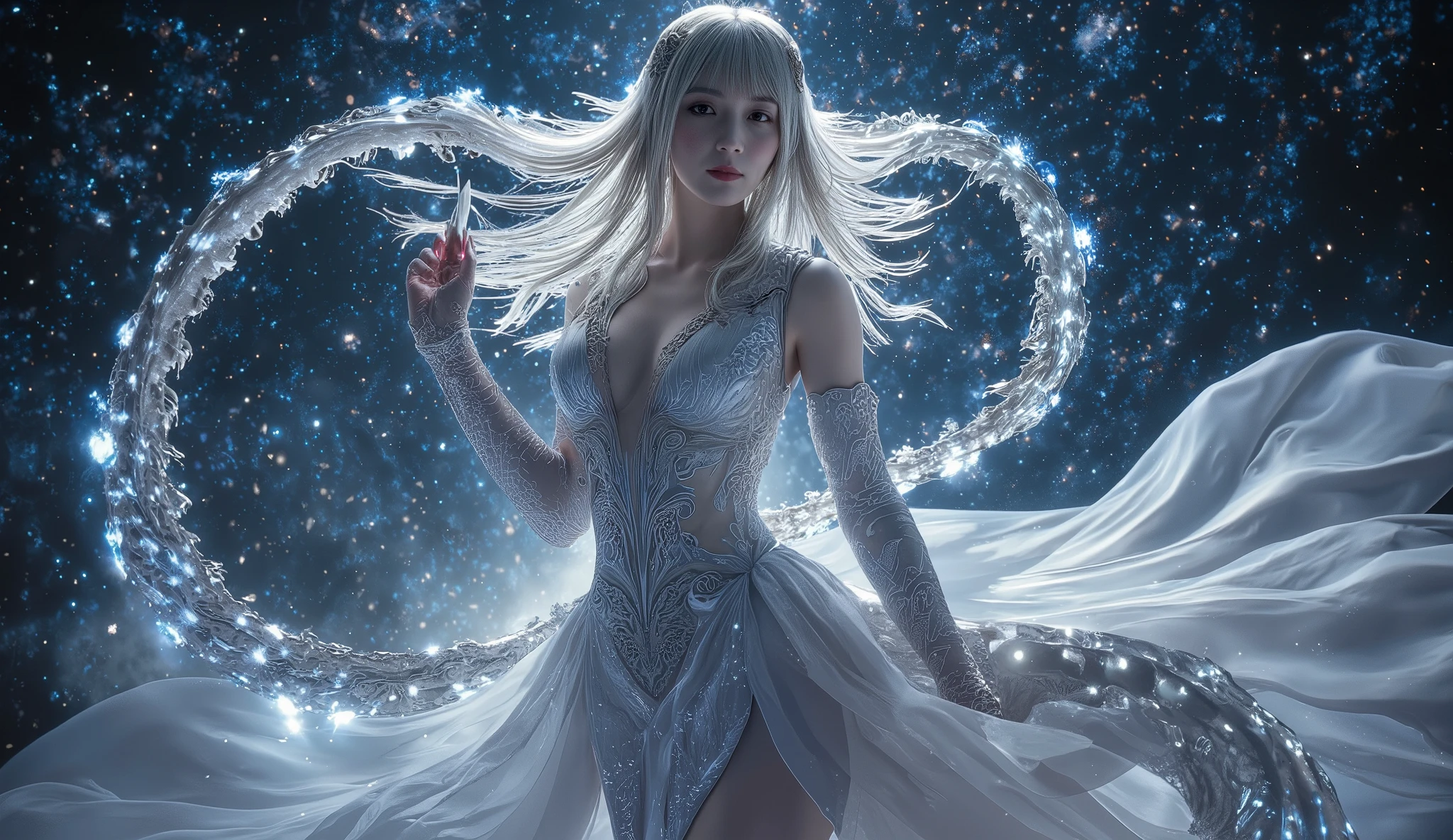 The image shows a young woman with long white hair, wearing a white dress with a flowing skirt. She is standing in front of a blue background with three large blue diamond-shaped structures scattered around her. The woman is holding a crystal ball in her hands and appears to be posing for the photo. The overall mood of the image is mystical and dreamlike.