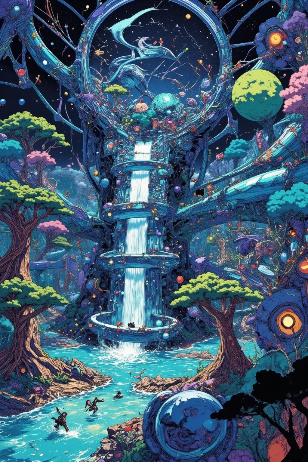 A domed water park that travels between the planets in space、Wearing a space suit、TREE SLIDE、attractions、photographic realism、extreme detail、professional、vivid colors、Bokeh、Planet Exploration 、no gravity、GLASS CAPSULE、SMOOTH AQUA、Reflections、neon light、demonstrating technology、SFfantasy、fantasy、Studio Writing、Highest Quality、masterpiece、4K、HDR、