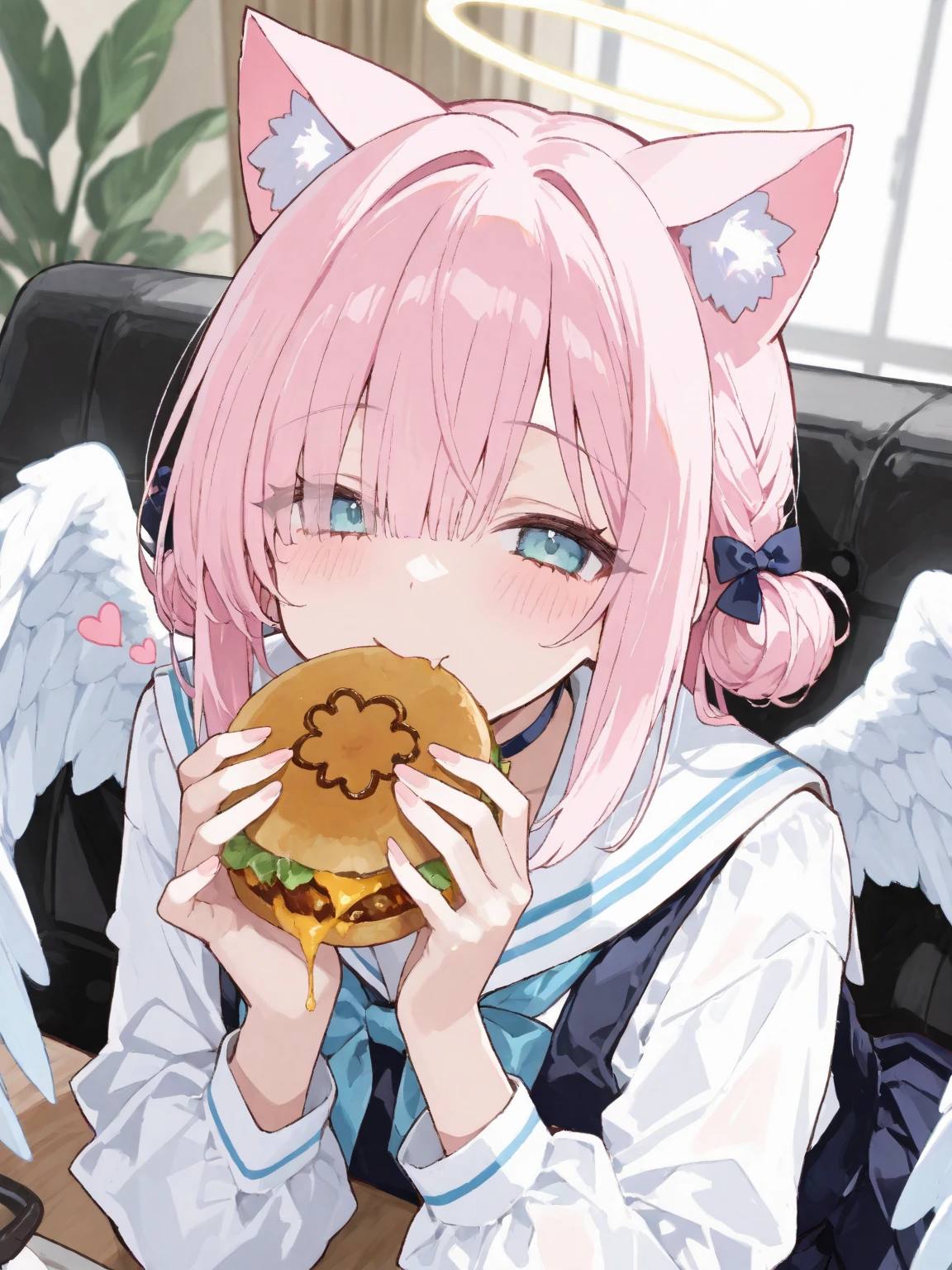 score_9,score_8_up,score_7_up,masterpiece, top quality, best quality, official art, beautiful and aesthetic, animation, , 1girl with cat ear, perfect figure, pink hair, complicated details, bedroom, night, enjoying dried fish, (white shirt, pink pleated skirt:1.5), cat ear girl, happy expression, sitting on the ground eating, looking up ,